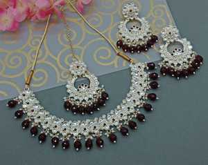 New Design Gold Plated Traditional <b>Drop</b> <b>Pearl</b> & Stone Studded Earring Mangtika Choker <b>Necklace</b> Set & Jewellery Set for Women - Product Image 5
