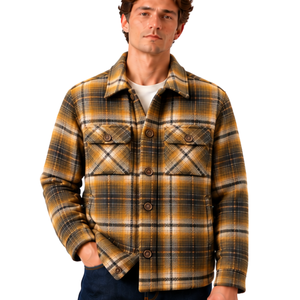 Chemise-veste à carreaux jaune moutarde pour homme, doublée en polaire, boutonnée, chaude, style décontracté, pour l'hiver - Product Image 1