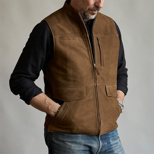 Chaleco de Cuero Gamuza Marrón para Hombre 2025 OEM RTS, Invierno, Doble Cara, Bolsillos Delanteros, Sin Mangas, Transpirable, Calefactable, Secado Rápido, con Cremallera - Product Image 4