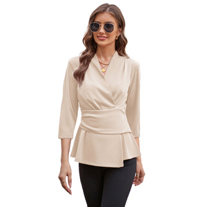 GRACE KARIN Damen 2023 <span class=keywords><strong>Peplum</strong></span> Oberteile Locken V-Ausschnitt 3/4 Ärmel Arbeit Business-Bluse solide Krawatte Taille Brautfreihemden - Product Image 2
