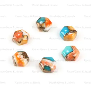 12mm Flatback Hexagon Shape Cabochon Natural Smooth Spiny Oyster Shell Copper Turquoise Calibrated Gemstone For Making Jewelry