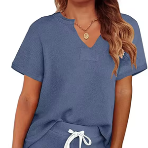 Ensembles de pyjama gaufré à manches courtes pour femmes haut de salon et short 2 pièces tenues de survêtement survêtement ensemble court - Product Image 1