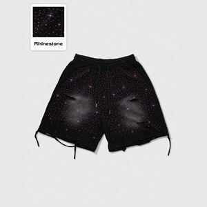 Pantalones Cortos de Lona 100% Algodón para Hombre, con Pedrería Personalizada, Lavado Ácido, Estilo Streetwear Hip Hop, Desgastados y con Bajo Deshilachado - Product Image 3