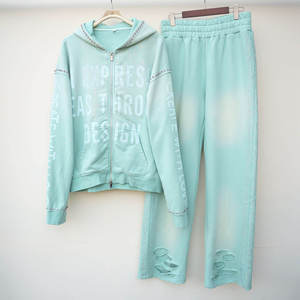 Survêtement personnalisé avec fermeture éclair délavée pour hommes survêtements Rhinestone sérigraphie sweats à capuche pantalons de survêtement pour hommes en détresse - Product Image 4