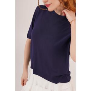 Blouse en tricot Lycra à manches courtes et col rond pour femme Lustrin - Haut fin bleu marine en gros pour un usage décontracté - Product Image 2