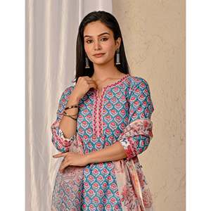 Blue Ethnic Indian Anarkali Kurta Pant Set Butta <b>Block</b> <b>Printed</b> Cotton with Embroidery Work Silk Net Material for Party Wear - Product Image 1