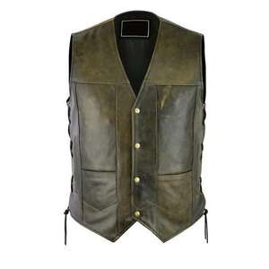 Gilet en cuir véritable pour homme, doux, confortable, élégant, sans manches, veste de moto, fermeture à boutons, coupe-vent, respirant - Product Image 2