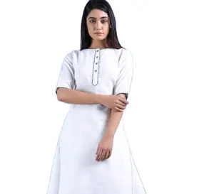 女性棉夏季白色亚麻大布边缘图案Jaipuri印花3件Kurta套装