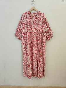 Robe d'été décontractée à manches longues et col en V, en coton imprimé à la main, à fleurs, longueur au sol, pour femmes - Product Image 6