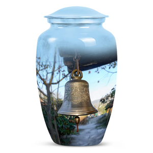 Urnas de cremación funeraria impresas en esmalte con pegatina de diseño de campana para suministros de servicio de entierro a bajo precio, urnas de ceniza de Metal de estilo clásico - Product Image 1
