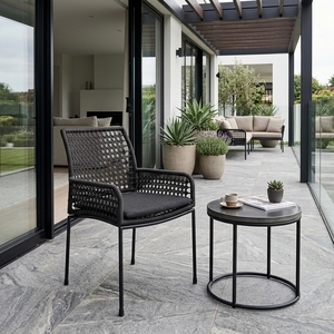 Fauteuil d'extérieur moderne noir tressé avec structure en tuyaux de fer, cordes synthétiques et coussin en tissu SR10 – Design artistique et décoratif - Product Image 5