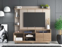 Meja TV Modern VERONICA 2 Pintu dari Kayu Particleboard Oak/Cristalo Brazil dengan Panel Berpalang untuk Ruang Tamu Gaya Farmhouse