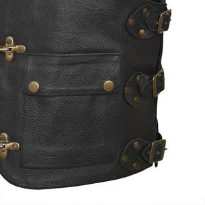 Gilet en cuir véritable pour homme, col en V, style motard, avec poches et boucles en laiton, vêtement d'extérieur pour l'automne - Product Image 4