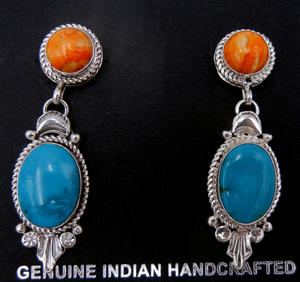 Boucles d'oreilles Navajo Art Platero Orange Spiny Oyster Shell et Turquoise Post Dangle - Product Image 2