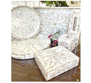 Bandeja de servicio con incrustaciones de fregona de madera de acacia hecha a mano Navidad al por mayor Ramadán Eid Mubarak madre perla bandeja de postre - Product Image 4