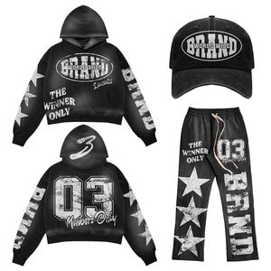 Acid Wash Winter Solid Hooded 2-Piece Fleece Chándal Cap Set Sun Fade Vintage Flared Sweatpants Full-Zip Hoodie 100% Cotton - Product Image 1