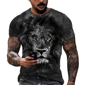 Erkekler hayvan aslan 3d baskı moda kısa kollu üst mikro elastik spor spor T Shirt erkekler için