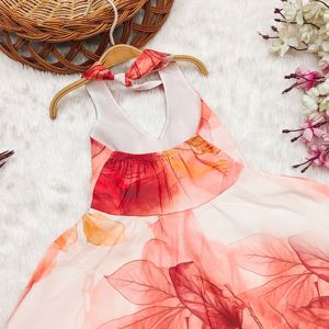 Shoryam ชุดปาร์ตี้แขนกุดพิมพ์ลายดอกพีชแฟชั่นสำหรับเด็กผู้หญิงผ้าไหลนุ่มยาวถึงเข่าใส่ได้ทุกฤดูกาล - Product Image 4