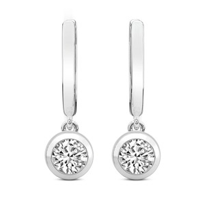 Sleek Round Bezel Lab Grown <b>Diamond</b> <b>Dangle</b> <b>Earrings</b> 1 Ct Tw F-G Color VS Clarity 2 <b>Diamonds</b> 14K White Gold Streamlined Fit - Product Image 1