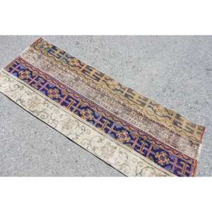 Alfombra Vintage de Lana Turca para Sala de Pasillo, Tapete de Látex con Patrón Abstracto de Retales Rectangulares, 2.3x6ft, Negro, Beige, Hecho a Mano - Product Image 4