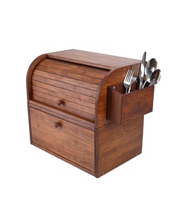 Natural Bamboo Bread <b>Box</b> for Kitchen Countertop Assembly Layer <b>Roll</b> Top Bread Storage Container with Silverware Basket - Product Image 1