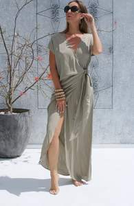 Vestido Maxi largo estampado informal de uso regular Escote Henley con lazos de algodón vestido Maxi Venta caliente Vestido de algodón estampado Dabu Mi - Product Image 4