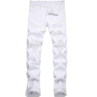 Celana Denim Distressed pria, celana Denim mode musim semi reguler Fit kasual pakaian datar depan bernapas terlaris