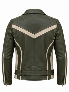 Chaqueta de cuero verde oliva para hombre con cierre de cremallera y bloques de color - Product Image 4