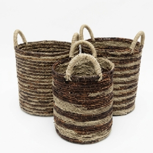 Ensemble de paniers de rangement en jonc de mer naturel, rayé marron beige, avec poignée en arche cylindrique, pot de fleurs, organisateur, décoration d'intérieur, Pure Art - Product Image 1