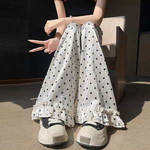 Nueva Primavera Verano tejido de lunares transpirable cintura elástica cintura alta Casual suelto recto pantalones de pierna ancha Pantalones de mujer - Product Image 6