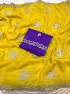 ส่าหรีผ้าไหมเนื้อนุ่มมีสไตล์สีเหลืองสำหรับเจ้าสาวชุดปาร์ตี้งานแต่งงานพร้อมเสื้อแฟนซีสุดพิเศษสำหรับผู้หญิง - Product Image 4