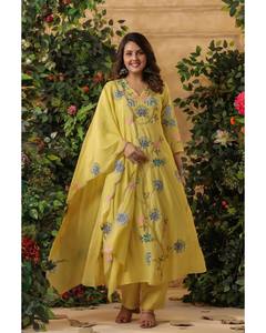 Ensemble Kurti imprimé tendance en soie Chanderi lourde indienne et pakistanaise, couleur pastel fantaisie, pour soirée, tenue décontractée - Product Image 5