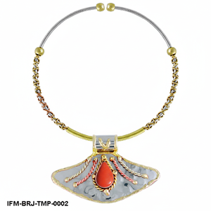 Tri-Metal Pendant <b>Necklace</b> Silver, Gold, & Copper Fan Design with Red Coral Teardrop Artisanal Boho <b>Statement</b> Jewelry - Product Image 1