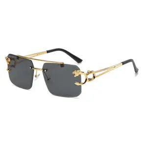 Modische goldene tigerkopf-sonnenbrille metall quadratisch rahmenlos schnittrand sonnenbrille cool herren- und damenbrille großhandel