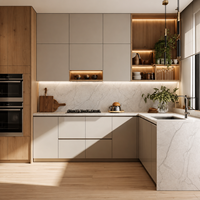 Lemari Dapur Papan Partikel Panel HPL Lapisan Melamin Kilap Tinggi Set Lemari Dapur Kaca Modern Ramah Lingkungan