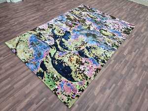 Alfombra Oushak azul marino 9x12 Alfombra grande otomana turca con patrón abstracto Alfombra turca de gran tamaño estampada en beige - Product Image 3