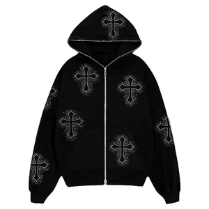 Sweat à capuche zippé surdimensionné pour homme en molleton 100% coton épais, avec logo personnalisé brodé de strass et sérigraphié, délavé à l'acide et effet soleil. - Product Image 5