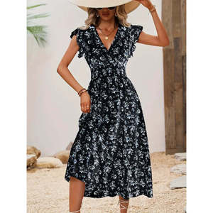 Robe à manches courtes pour femmes, col enroulé, taille élastiquée, motif floral, 36512 - Noir - Product Image 5