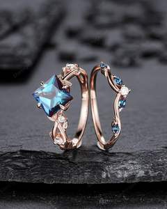 Plata de Ley 925 corte princesa alejandrita compromiso junio piedra natal hoja promesa anillo ramita rama vid anillo de bodas - Product Image 5