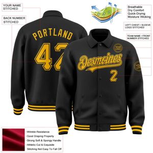 OEM de fabricación personalizada Negro Oro Bomber Full-Snap Varsity Letterman Solapa Collar Byron Chaqueta - Product Image 2