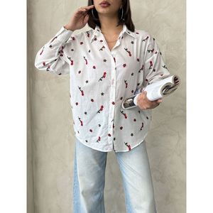 TOPSHOW Women's <b>Red</b> Embroidered Voile Shirt, Lightweight Cotton Polyester Blend <b>Blouse</b> for Wholesale, Casual Daily Wear - Product Image 4
