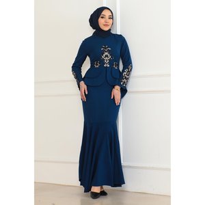 Indigo <b>Patterned</b> Fish <b>Dress</b> 6144 with Natural Waistline Regular Sleeve Nonwoven Casual 100% Cotton - Product Image 1
