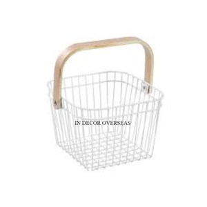 High Standard Quality Metal White Color Powder Coated Fruit And <b>Bread</b> <b>Basket</b> With Wooden Handle Kitchen Accessories Supplies - Product Image 1