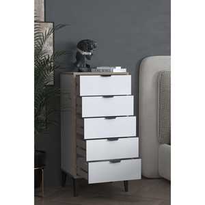 Commode moderne Arden à 5 tiroirs en bois blanc, meuble de rangement pour buanderie, chambre et salon, mobilier écologique, organisateur de maison - Product Image 3