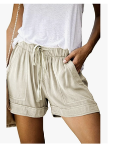 Shorts pour femmes fabriqués au Bangladesh, shorts d'été en coton confortables, taille élastique, cordon de serrage, shorts décontractés avec poches, couleur unie - Product Image 5
