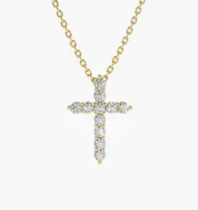 10k Solid Gold Pendant Religious Jewelry For Women Mini Cross White Diamond Necklace Dainty Diamond Cross Supplier Wholesaler