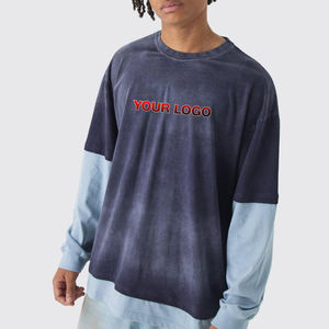 เสื้อยืดผ้าฝ้ายแขนสองชั้นสำหรับผู้ชายทรงโอเวอร์ไซซ์สำหรับ100% เสื้อยืดลายปักโลโก้แบบสั่งทำ - Product Image 4