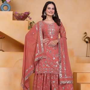 Presentación de nuevo diseñador bordado Faux Georgette Orange Sharara Suit con Secuencia bordada trabajo exclusivo fiesta boda - Product Image 1