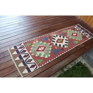 Turkish Vintage Rug, 1.7x5.7 ft Kilim Rug, <b>Red</b> Blue Abstract <b>Wool</b> Rug - Product Image 2
