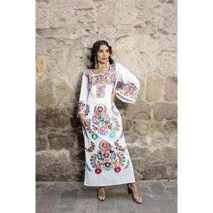 Women's White Mexican Embroidered Long Traditional Floral Ethnic Maxi <b>Dress</b> with <b>Short</b> Sleeve Natural Waist Washable 100% Cotton - Product Image 1
